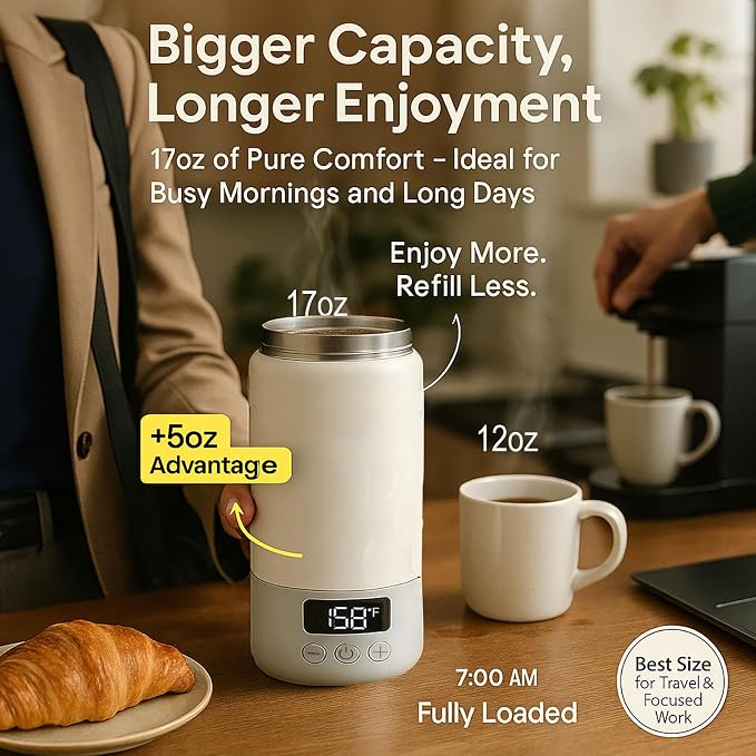 17 Oz Electric Heated Coffee Mug Rechargeable for Travel Z6 Self Heating Smart Temperature Control Warming Heated Travel Coffee Mug On The Go Coffee Cup with 5-12H Battery Life Gift