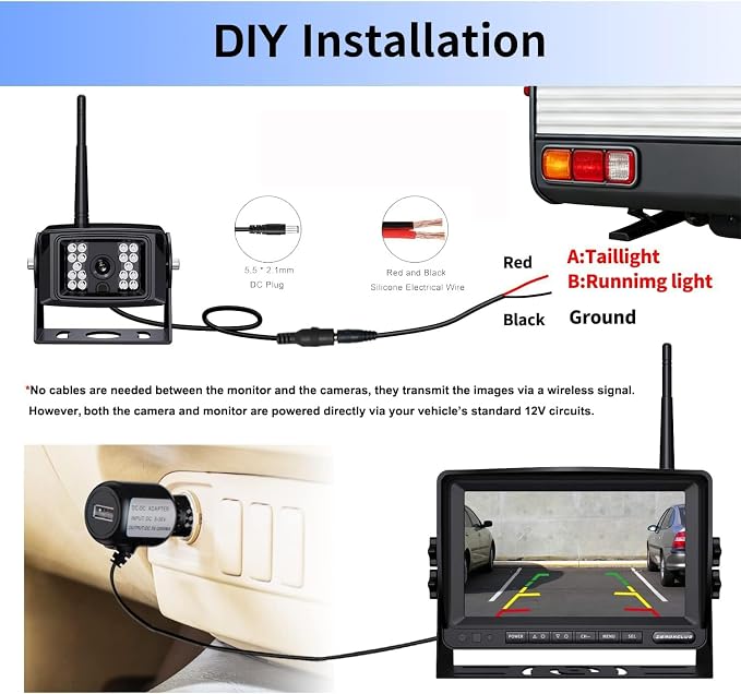 Wireless Backup Camera System Kit, HD 1080P 7 Inch Monitor, IR Night Vision, No Interference Record, IP69 Waterproof Rear View Camera for RV/Truck/Trailer/Van/Bus-ZEROXCLUB SW02
