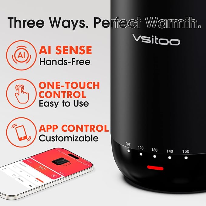 VSITOO S3 Pro 16oz Smart Self Heating Coffee Mug, Heated Coffee Mug with AI Auto-Sensing Temperature Control, 120-150℉ Rechargeable Smart Mug Warmer, IPX7 Waterproof, Gift for Men Women, Black