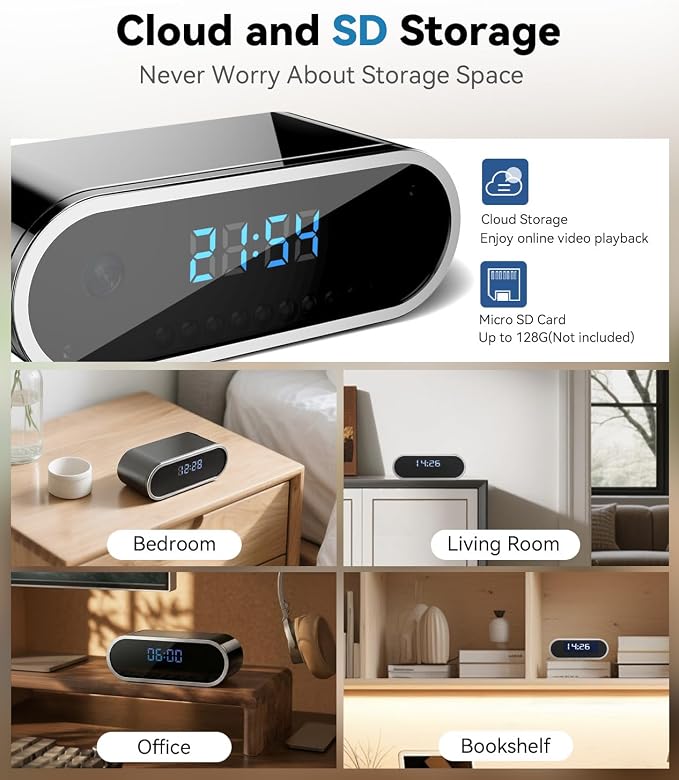 Wireless WiFi Indoor Security Camera with Clock for Home with App Control, Motion Detection, 150° Outdoor Camera with Night Vision & Loop Recording for Office/Shop/Pet/Garage,User-Friendly