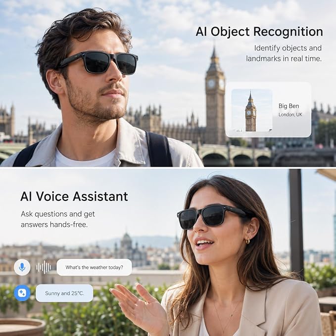 4K Camera AI Smart Glasses for Men Women, Bluetooth Video Audio Sunglasses,Video&Photo Recording Glasses AI Assistant,Wearable Eyeglasses for Vlogging, Travel, Business