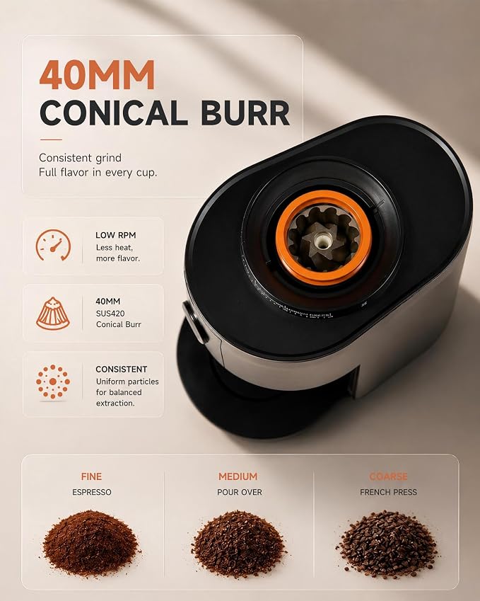 Coffee Grinder, Electric Burr Coffee Grinder with 38 Grind Settings for Espresso, Pour Over & French Press, Conical Burr Coffee Bean Grinder, One-Touch Operation, Easy Clean, Black