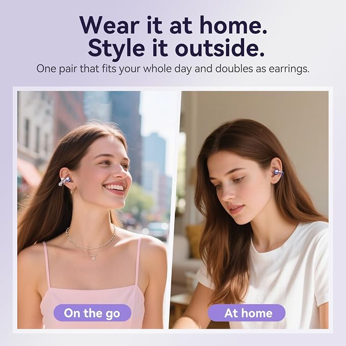 Kinglucky Open-Ear Clip-On Earbuds with Jewelry Bow Earrings, Purple | Lightweight & Comfortable Fit, Fashionable Design for Women, Ideal for Work, Running, Daily Wear