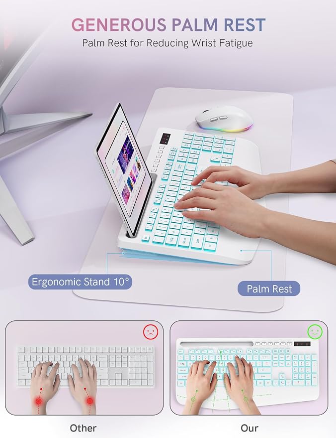 Trueque Wireless Keyboard and Mouse Combo, 4000mAh Rechargeable Backlit Keyboard with Wrist Rest & Phone Holder, Full Size Quiet Typing 2.4G USB-A/Type-C for PC Laptop Windows Mac (Cloud White)