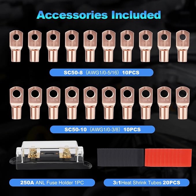 1/0 Gauge Wire 1/0 Battery Cable (20FT Red+20FT Black), Copper Clad Aluminum CCA Amp Wiring Kit with 250A ANL Fuse Holder, Lugs Terminal Connector & Heat Shrink Tube for Car Audio Speaker, Marine