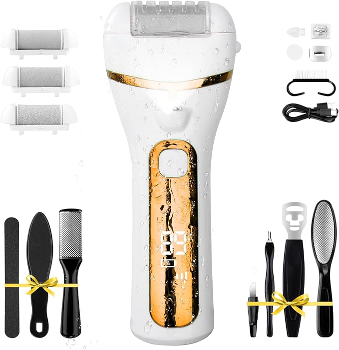 PUBOO Foot Callus Remover Electric 10000 RPM 3-Speed IPX7 Recharge Pedicure Kit for Hard Skin Women & Men Portable Multi-Roller File Grinder Sander Scrubber, LED Display for Wet & Dry Mathers Day Gift