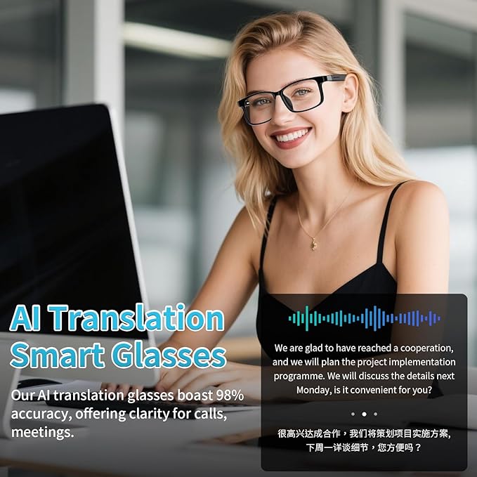 GenXenon AI Smart Glasses, AI Translator Powered by ChatGPT with Real-Time Translation (160+ Languages),AI Noise Cancellation, Removable Temples, Anti-Blue Light Bluetooth Glasses for Men & Women