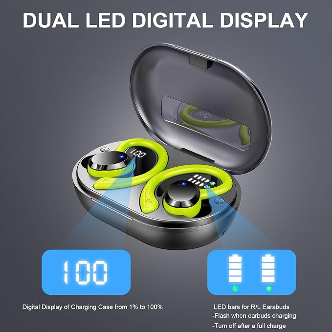 Wireless Earbuds Sport, 2025 Bluetooth 5.3 Headphones Bass Hi-Fi Stereo Over Ear Buds, 48Hrs Noise Cancelling Headset with Earhook, IP7 Waterproof Earphones Workout Running for Laptop Pad Android iOS