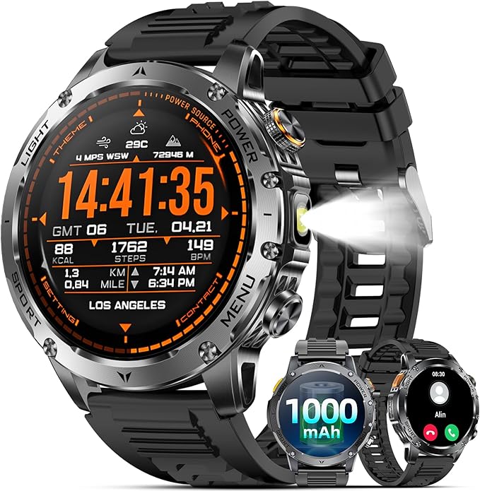 Military Smart Watches for Men (Answer/Make Calls), Smart Watch with 100-Days Extra-Long Battery, IP68 Waterproof, Heart Rate/Sleep Monitor 100+ Sport Modes 1.7″ Fitness Watch for Android/iPhone
