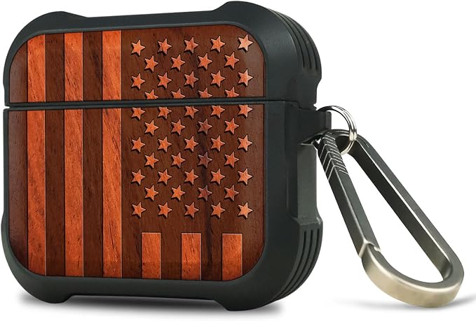 Carveit Wooden Case for AirPods 4 Case (2024) (USB-C) 4th Generation, Wood Artisan Engraved & TPU Shockproof Cover, Titanium Quick Released Clasp (American Flag) Rosy