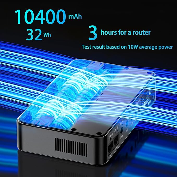 Mini UPS for Wifi Router, USB 5V⎓3.6A DC UPS 12V⎓2A Battery Backup 9V⎓2A 10400mAh(32Wh)