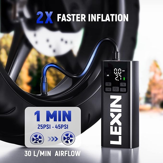 LEXIN P5 Tire Inflator Portable Air Compressor, 150PSI Electric Air Pump for Car Tires, 5000mAh Rechargeable Tire Inflator with Digital Pressure Gauge & Auto Shut-Off for Car, Motorcycle, Bike & Ball