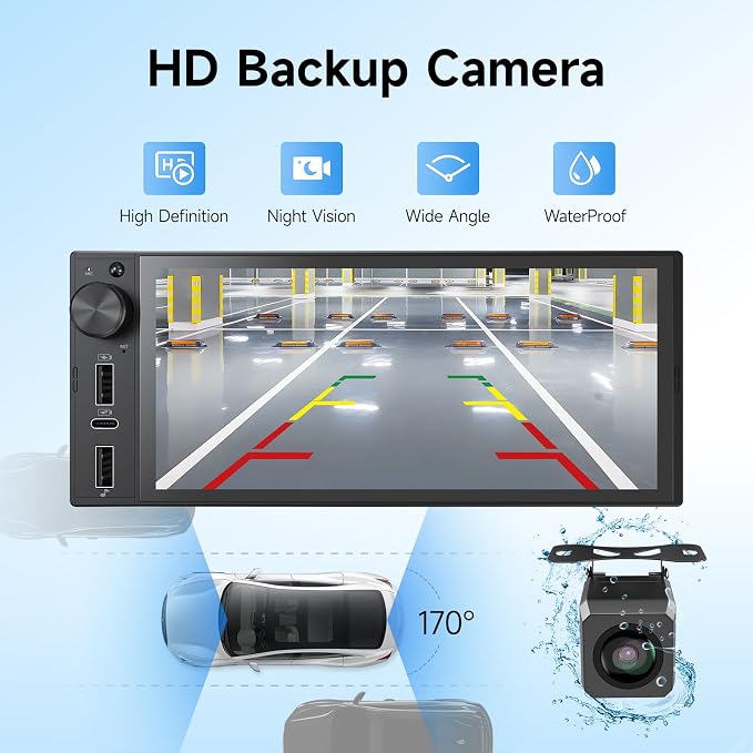 Single Din Car Stereo, 6 Inch Touchscreen Radio with CarPlay & Android Auto | Bluetooth, Mirror Link, Backup Camera, USB&Type-C, FM, SWC, EQ, Full Lamination Screen, Volume Knob