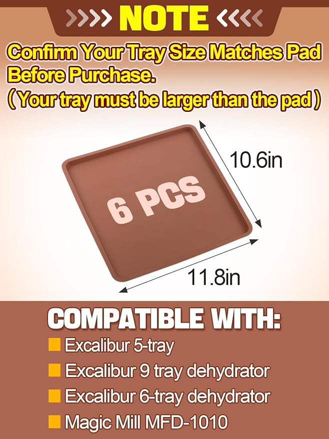 6PCS Silicone Food Dehydrator Sheets with Edge, Compatible with Cosori 12" x 11" Trays, Square Non-stick Tray Liner, High Temperature Resistance Reusable Dryer Mats