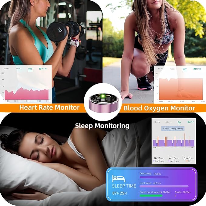 Smart Ring for Women Men, Health Tracker with Heart Rate/Blood Oxygen/Blood Pressure/Sleep Monitoring/Step Counting, IP68 Waterproof Fitness Ring, No App Fees for iPhone & Android (Gold, 6#)