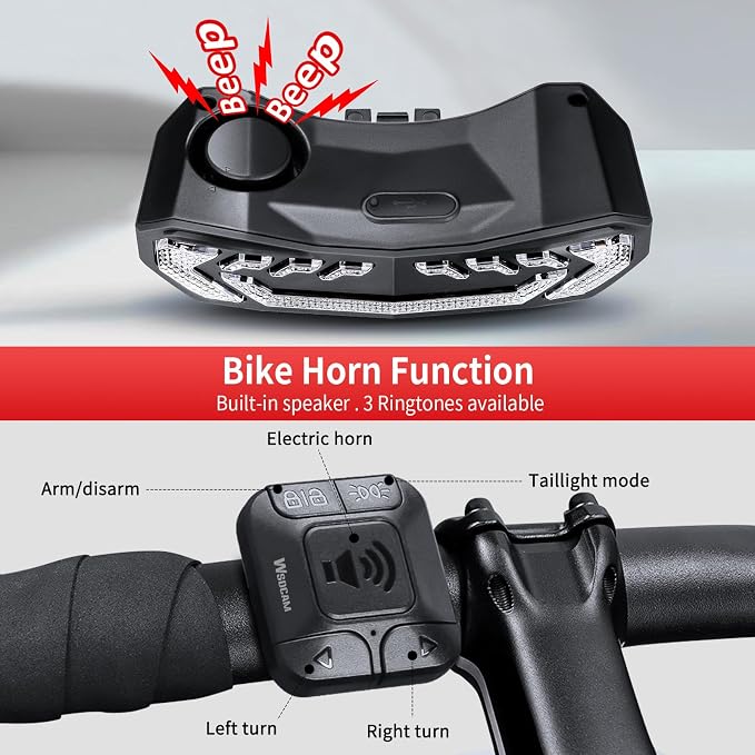 WSDCAM Smart Bike Seat/Bike Basket Tail Light with Turn Signals and Brake Light, Bike Alarm Horn with Remote, Rechargeable Rear Bike Light for Night Riding, Waterproof Bicycle Tail Light with Mount