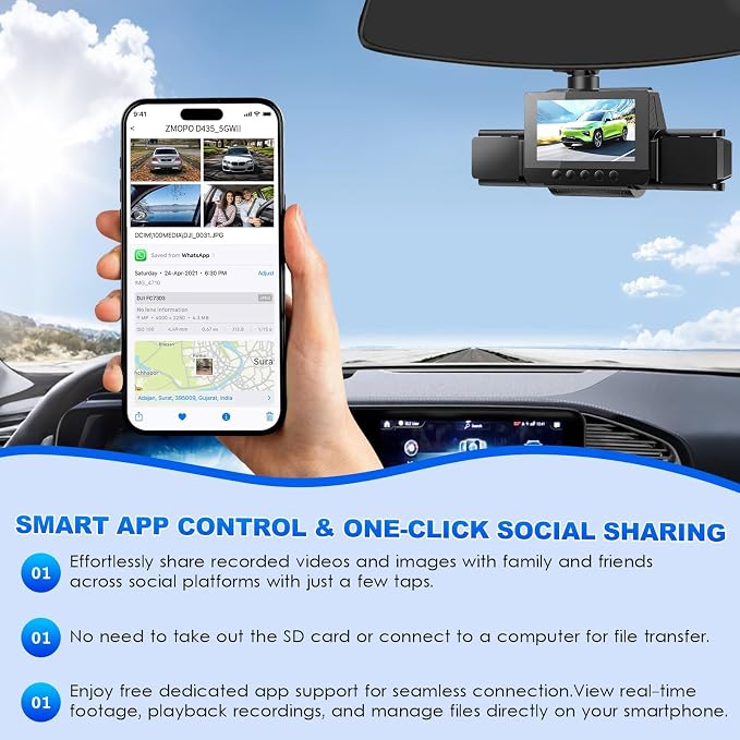 4 Channel Dash Cam Front and Rear with 360° View for All-Round Protection, 4-Way Recording, Built-in 5G WiFi & GPS, APP Control, 8 IR LEDs, 24H Parking Monitor, G-Sensor, Free TF Card (32, GB)