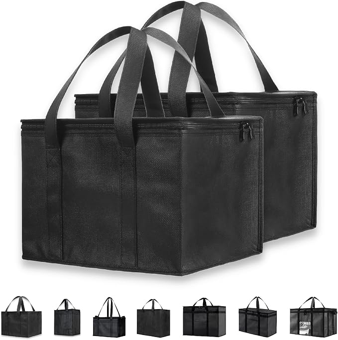 NZ home Insulated Bags for Food Delivery (Medium) Grocery Shopping Cooler Bag, Pizza Delivery, Hot & Cold Catering Tote, Reusable, Foldable & Heavy Duty (2 Pack, Black)