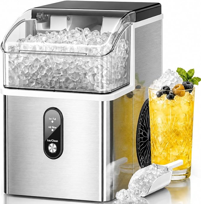 Kismile Nugget Ice Makers Countertop,35Lbs/24H,Portable Sonic Ice Machine with Self-Cleaning,One-Click Operation for Home/Office(Stainless Steels Silver)