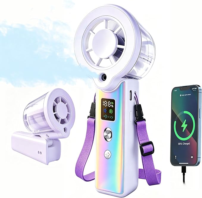Portable Misting Fan, Handheld Rechargeable Fan with Water Mist, Personal Mini Turbo Fan with 1-100 High Speeds (20000 RPM), LED Light for Music Festival, Summer Trip Must-Haves, Holographic Purple