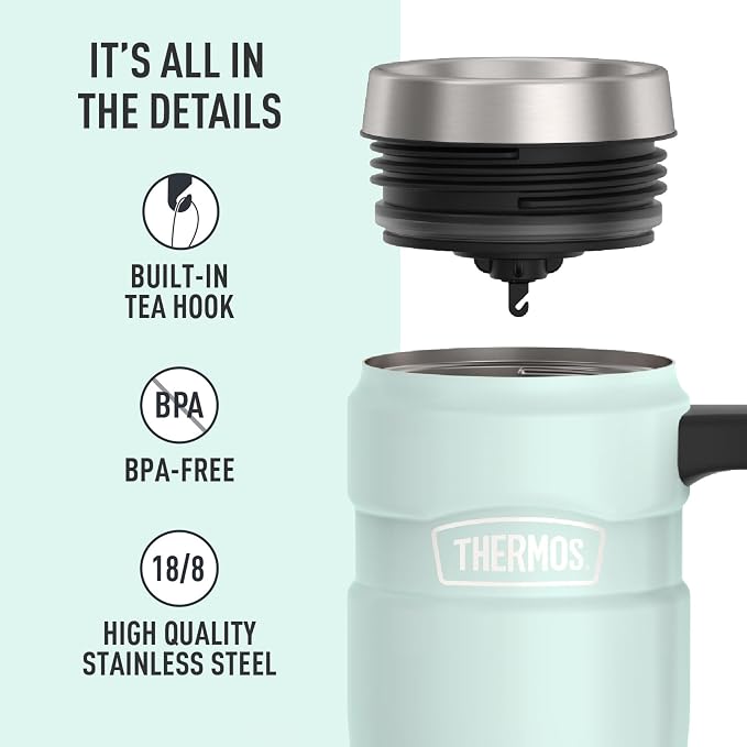 THERMOS Stainless King Vacuum-Insulated Travel Mug with Handle - 16oz, Matte Light Blue Tumbler for Hot & Cold Drinks - Leak & Sweat-Proof Stainless Steel Coffee Mug with Lid for Commuting