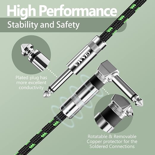 15FT Instrument Cable - Electric Guitar & Bass Cable with Right Angle 1/4 Inch Connector, Black & Green