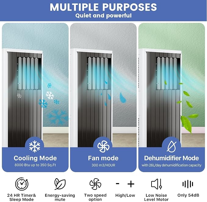 GarveeHome Quiet 8000 BTU Portable Air Conditioner with Fan & Dehumidifier, Energy Efficient AC Unit for Bedroom or Living Room, 3-In-1 Cooling with Auto Swing & Easy Installation Kit