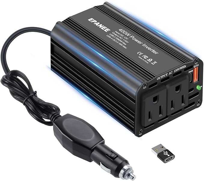 400W Power Inverter 12V DC to 110V AC, Car Charger Plug in Adapter Outlet with PD 65W USB-C&QC 18W Port, Portable Power Converters for Laptop Vehicles Camping Road Trip Essentials Adults-Black