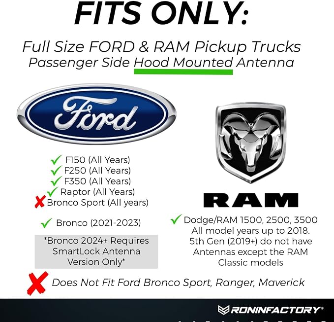 RONIN FACTORY Truck Antenna for Ford F150 Short Antenna Accessories F250 F350 Super Duty Dodge RAM 1500 Raptor Accesorios (Bronco 21-23) Accessories Short Replacement 8 Inch TuffLock