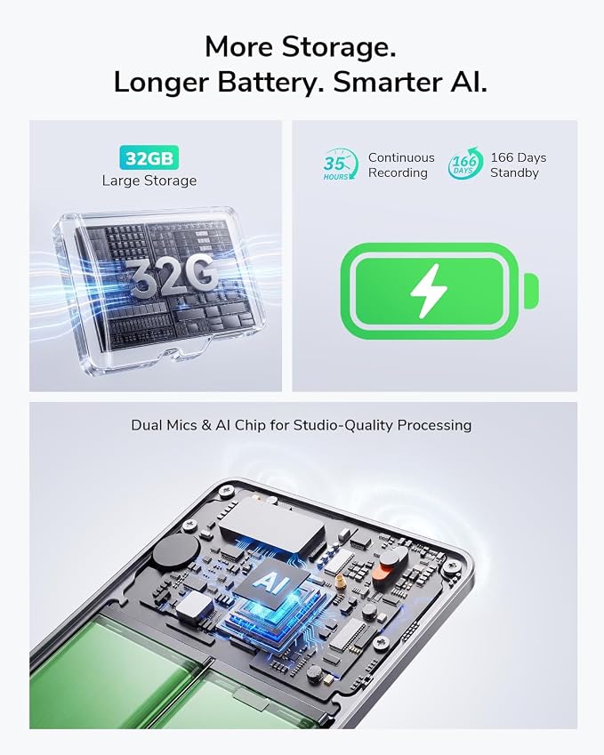 AI Voice Recorder,Unlimited Transcribe & Summarize,App Control,AI Note Taking Recording Device w/Case,Supports 152 Languages,Magsafe Voice Recorder for Calls,Meetings,Lectures,Interview,Gray