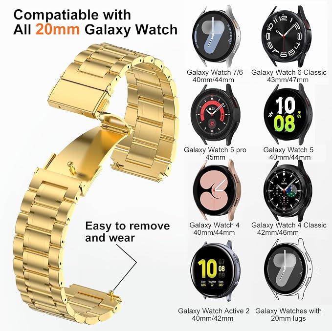 SUPLINK Compatible with Samsung Galaxy Watch 7 6 5 4 40mm 44mm Band/Galaxy Watch 6 4 Classic 43mm 47mm 46mm 42mm Band/Active 2 40mm 44mm/Watch 3 41mm,20mm Metal Replacement Strap Women (Gold)