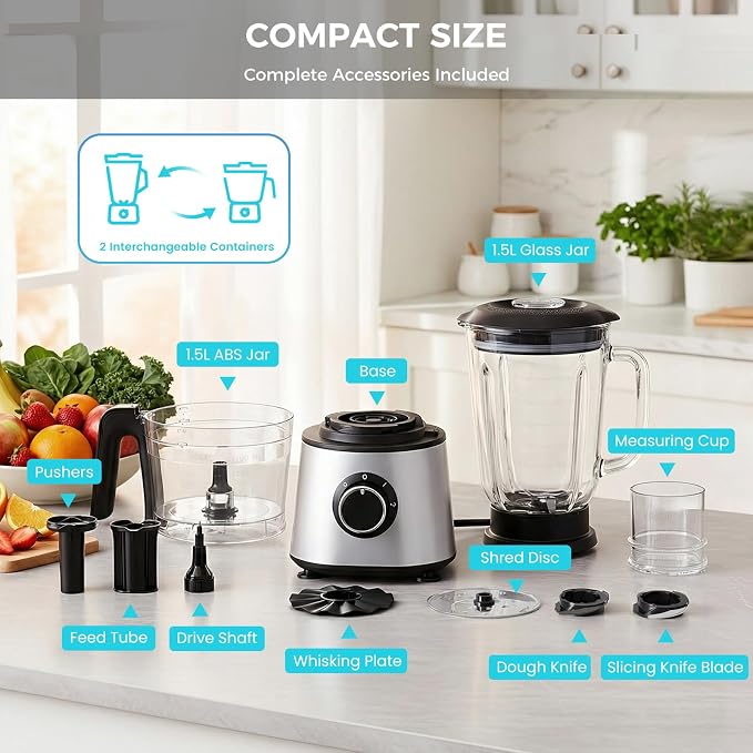 OLIXIS Food Processor with 2 Cups, Electric 1.5L Food Chopper for Meat, Vegetables, Dough, Puree, Shredding & Blending, 2 Adjustable Speeds, Sharp Blades, Safety Lock
