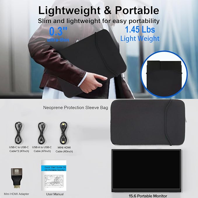 IBW 15.6" Portable Monitor Touchscreen, 1080P FHD IPS Travel Monitor with Tempered Glass, 10-Point Touch, Dual Speakers & Kickstand, USB-C HDMI External Monitor for Laptop MacBook Phone PS5 Switch