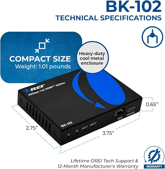 OREI 8K HDMI Splitter 1 in 2 Out, Duplicate/Mirror HDMI Signal UltraHD Supports Upto HDMI 2.1 Splitter 4K@120Hz EDID Management HDCP 2.3 - BK-102