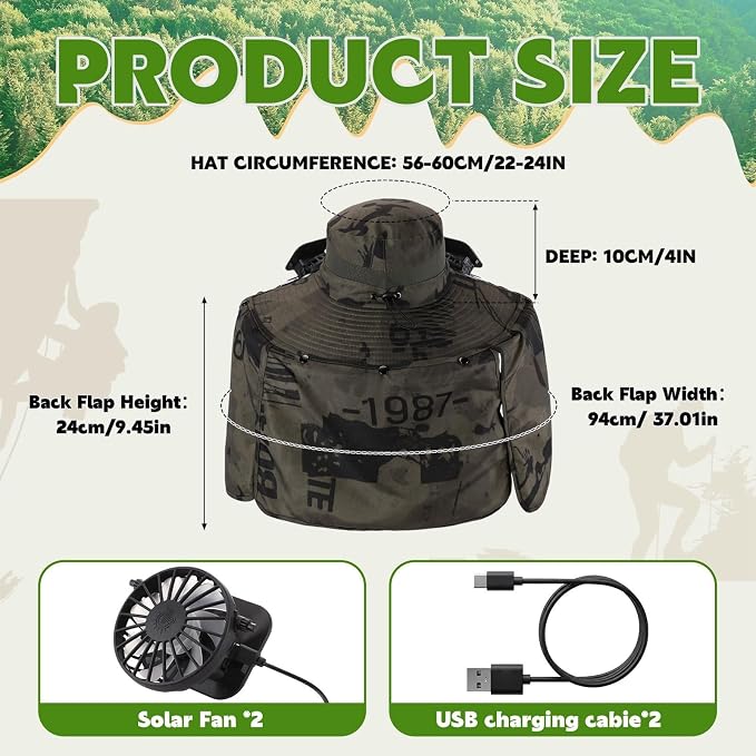 3 Pcs Solar Fan Hat with Arm Sleeves Neck Gaiter Wide Brim Sun Hat Solar Powered USB Charging for Men Women