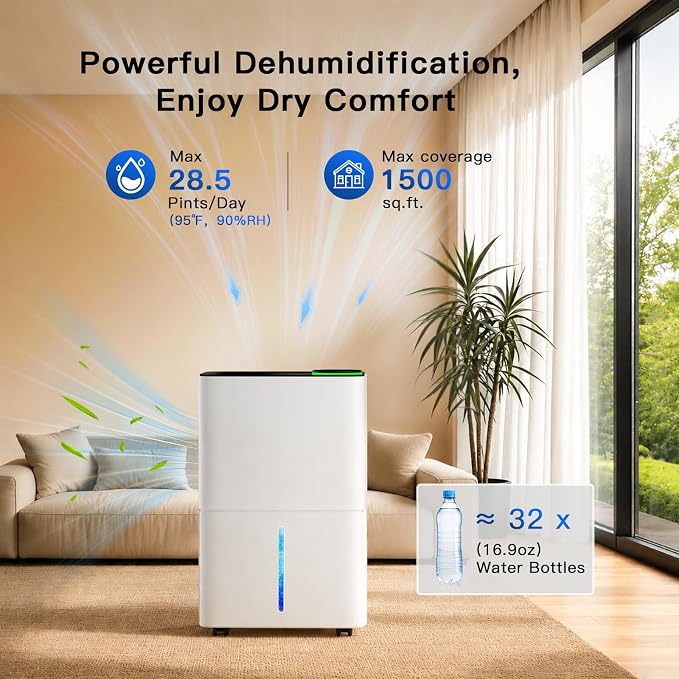 28.5 Pint Compressor Dehumidifier for Basement/Bathroom/Bedroom – 1500 Sq.Ft, WiFi/APP Control, Auto Defrost, Drain Hose, Child Lock & Laundry Drying