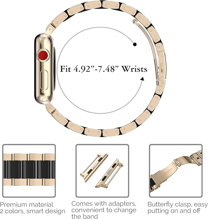 Wearlizer Compatible with Apple Watch Band 42/44/45/46/49mm Womens Stainless Steel Champagne Wristband, Black Resin Replacement Classic Strap iWatch Series 11 10 9 8 7 6 5 4 3 SE/Ultra 3 2 1