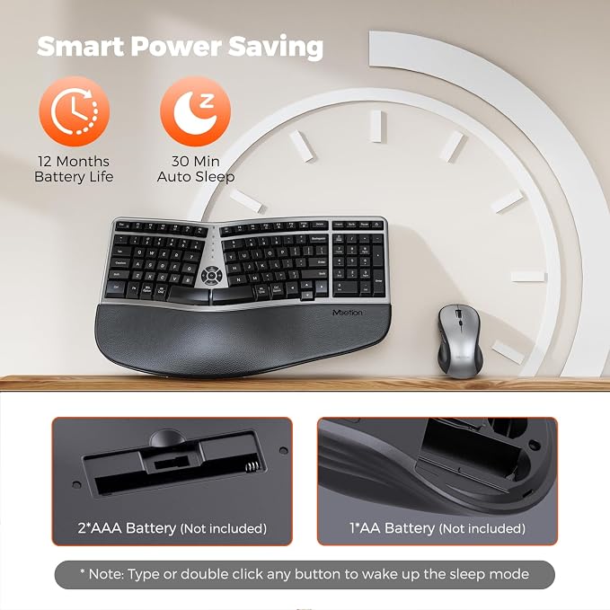 MEETION Ergonomic Keyboard and Mouse Wireless Combo, 2.4G Curved Compact Keyboard with Cushioned Palm Rest, 4 Level DPI Adjustable Wireless Mouse, for Windows/Mac/Desktop/PC/Laptop, Gray Black
