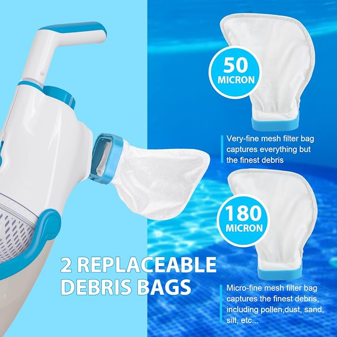 Handheld Pool Vacuum Cleaner, Rechargeable Pool Bottom Cleaner with Strong Suction, 1 H Runtime, 89 inchs Extension Pole,for Above Ground/Inground Pools, Spas and Hot Tubs, White and Blue