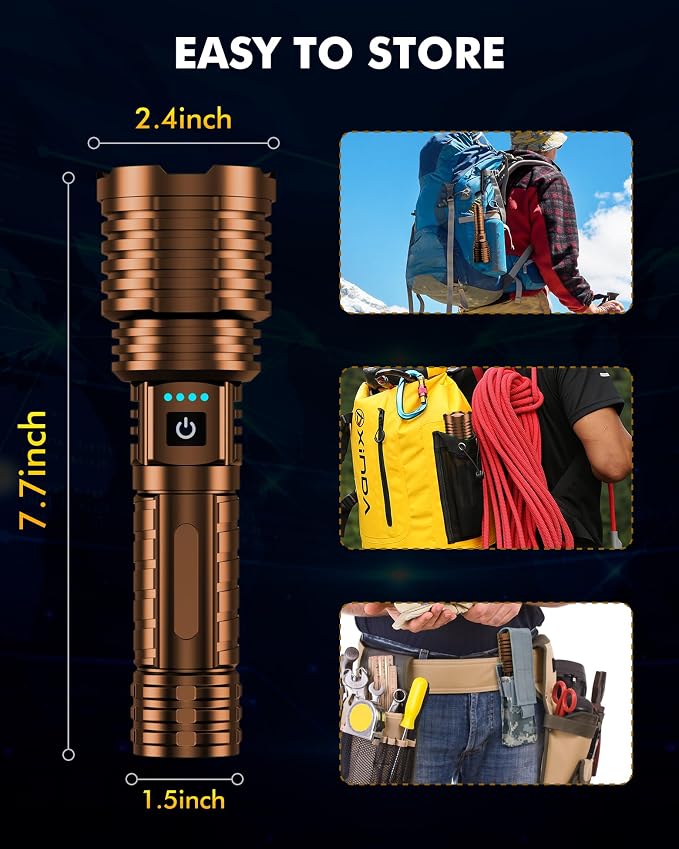 baibian Rechargeable Flashlight 100,000 High Lumens, Super Bright Flashlights high Powered, Handheld Waterproof Tactical LED Flashlight-Zoomable 5 Modes-31H Runtime for Emergency Camping (Coffee)