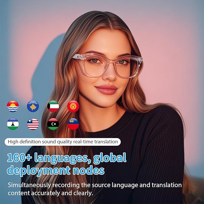 AI Glasses for Women Men, Smart Glasses with Real-Time Translation, Open Ear Blue Light Filtering Lenses, Supports 160+ Languages & Accents, Bluetooth Glasses for Travel Meeting Trade Business