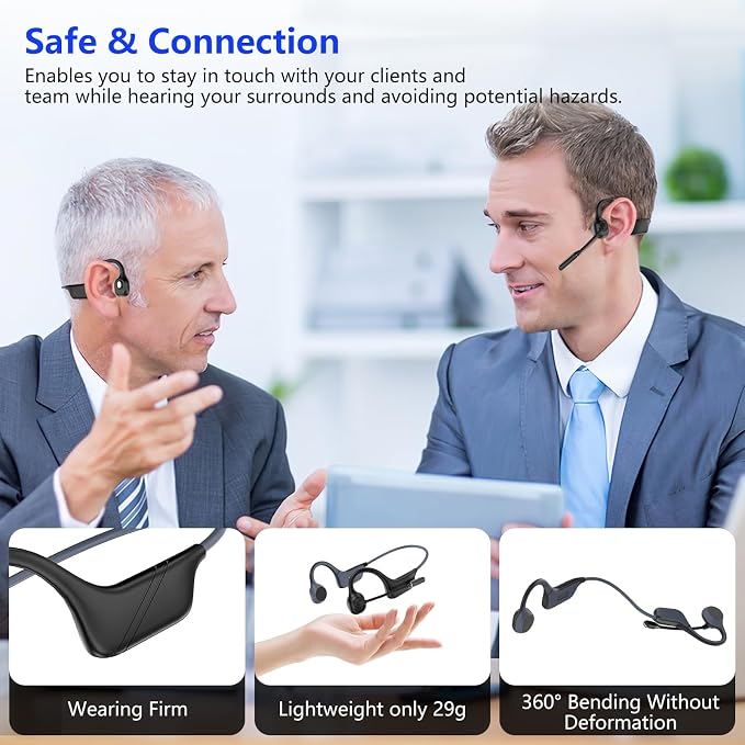Meetings Open-Ear Headphones with Rotatable Noise-Canceling Boom Mic, Bone Conduction Bluetooth 5.4 Headphones with One-Touch Mute&Magnetic Charging for All-Day Use,Perfect for Driving Learning(Black)