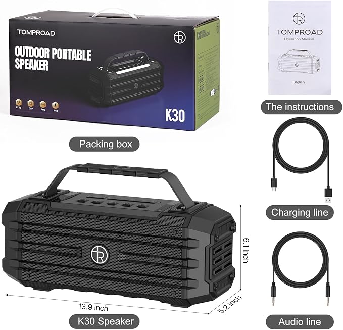 TOMPROAD Bluetooth Speaker 120W Peak 80W Portable Wireless Hi-Fi Loud Outdoor IPX6 Waterproof Big Party Speakers with Deep Bass, TWS Pairing, DSP Sound Boombox for Home Camping Beach