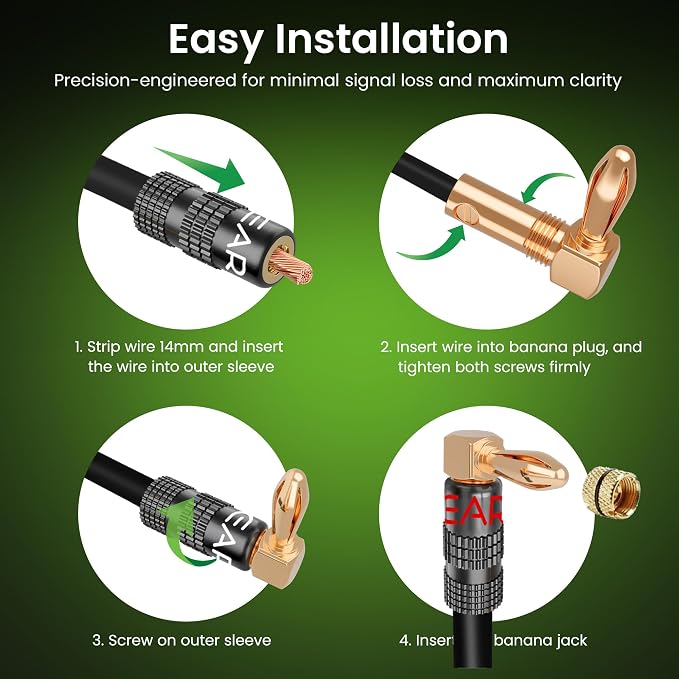 GEARit Right Angle Banana Plugs for Speaker Wire, 6 Pairs 90 Degree Flex Pin Design Speaker Banana Plugs for Wall Plate & Home Theater, Spring Clips, 12-20 AWG