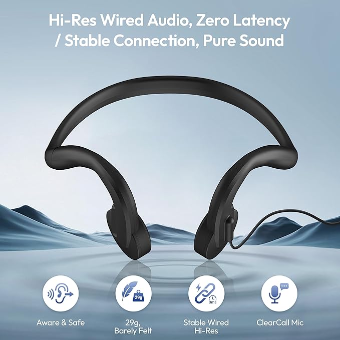 E&P Wired Bone Conduction Headphones with Microphone, 3.5mm AUX Wired Open-Ear Earbuds, Earphones with 7ft Extension Cable, Hands Free, Volume Control, Sweatproof Suitable for Outdoor Activitie