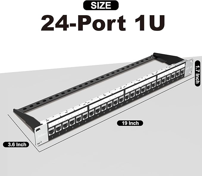 Jadaol [UL Listed] 24-Port Shielded Cat6A Patch Panel, 19” 1U Rackmount/Wall Mount Feed-Through RJ45 Panel with 24 Preloaded Shielded Keystone Couplers + 1 Spare, Up to 10Gbps, Cable Management Bar