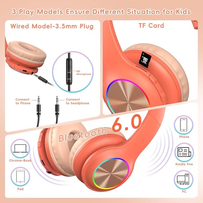 Candy Bila Kids Bluetooth 6.0 Headphones with LED Light, 85Hours Playtimes, Type-C Fast Charging, 85/94dB Volume Limited, Wireless Headphones with Built-in Mic, Wired & TF Card Mode, Pink and Orange