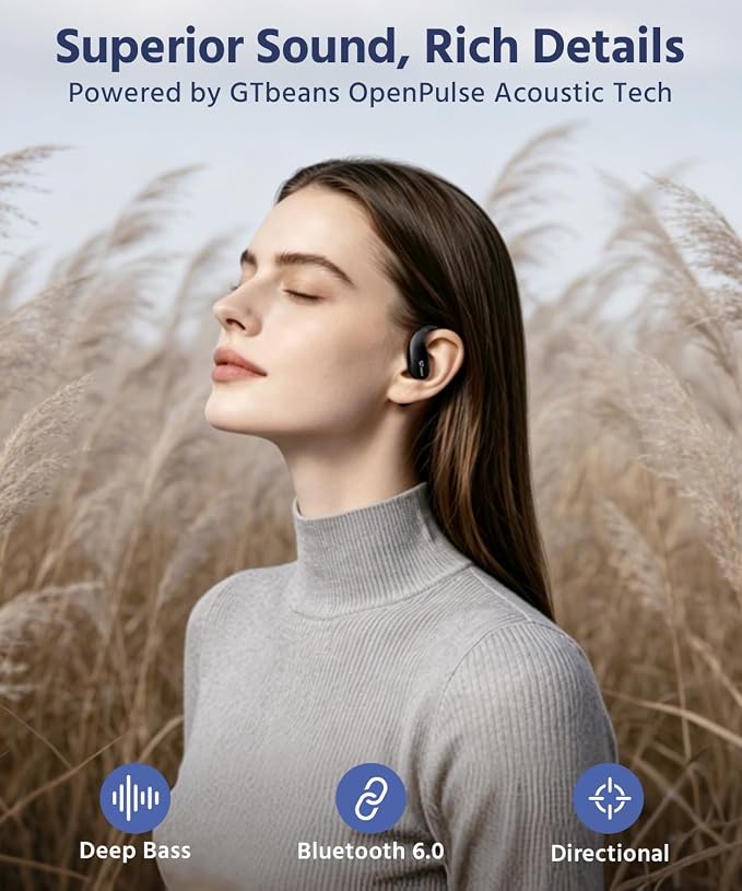 Open Ear Earbuds, Soft Earhook, 56H Playtime, Bluetooth 6.0, Bass | True wireless over ear headphones, Ergonomic fit, Powerful sound, AI clear call mic, IP55 waterproof for work, sport, Black