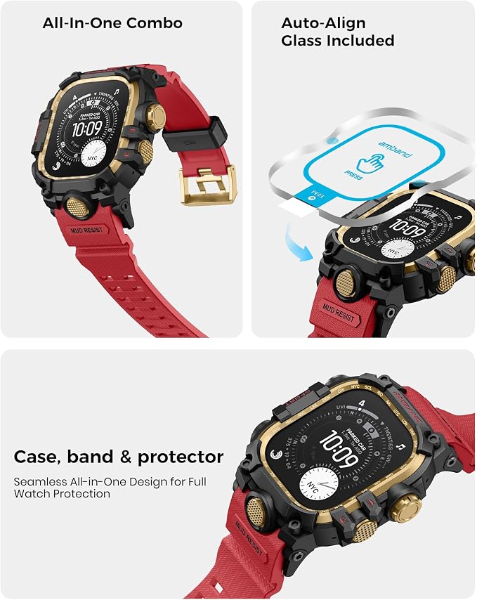 amBand Rugged Case with Band for Apple Watch Ultra 3/2/1 49mm, M3 Military Grade Shockproof Cover, Includes Screen Protector Kit, Tactical Band for Men - Compatible with iWatch Ultra, Red
