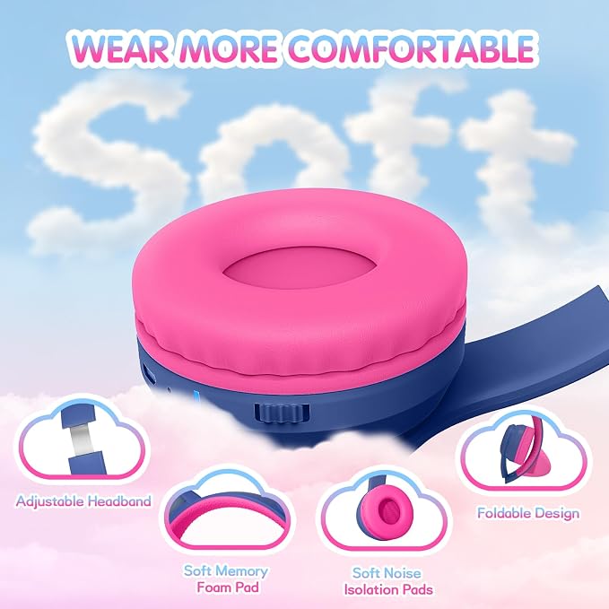 IFECCO Kids Wireless Headphones with Case - Cute LED Light Up Cat Ear,50H Playtime,Safe Volume Limited,Bluetooth 6.0 Kids Girls Headphones for School iPad Tablet Gifts